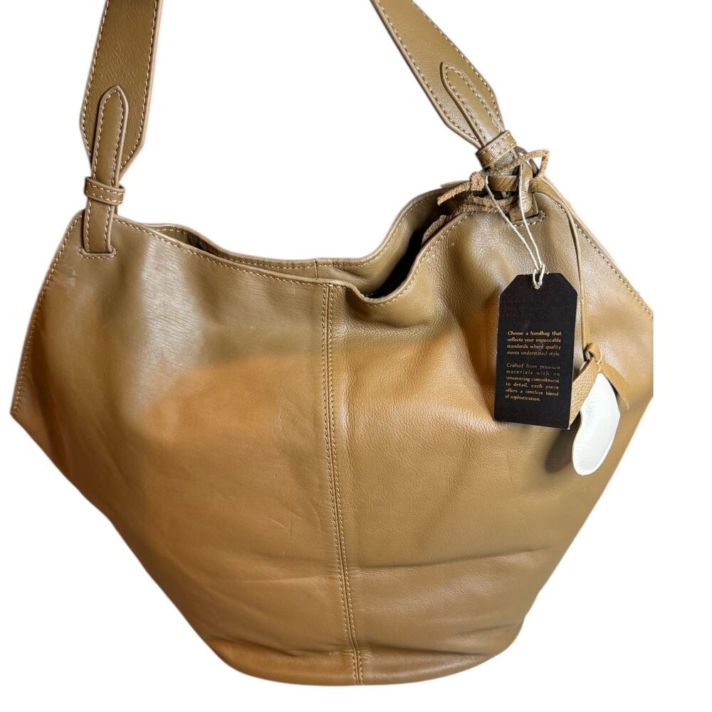 Genuine Leather Bucket Tote Bag Taupe Brown